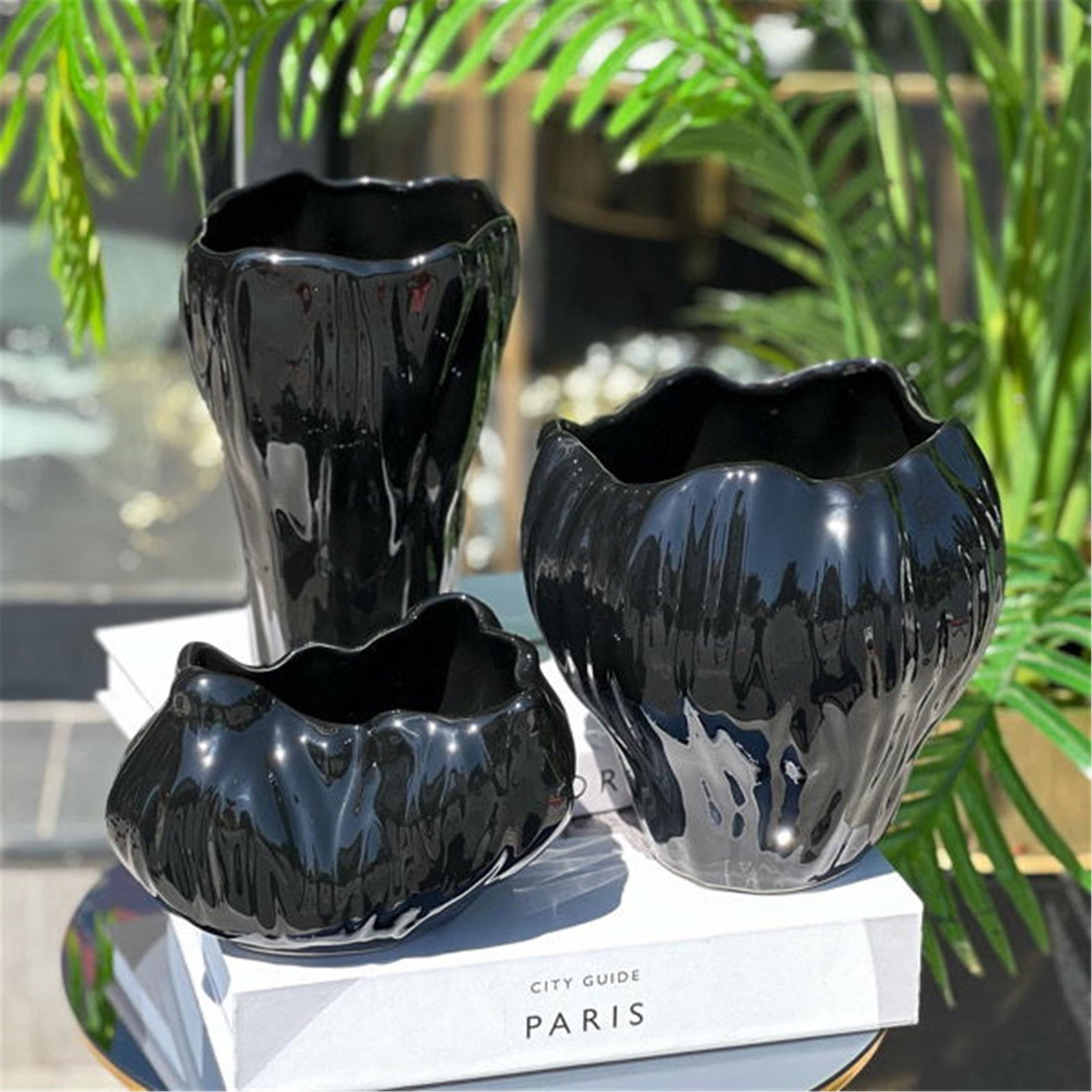 3 LÜ MİNİ DALGALI VAZO PARLAK SİYAH