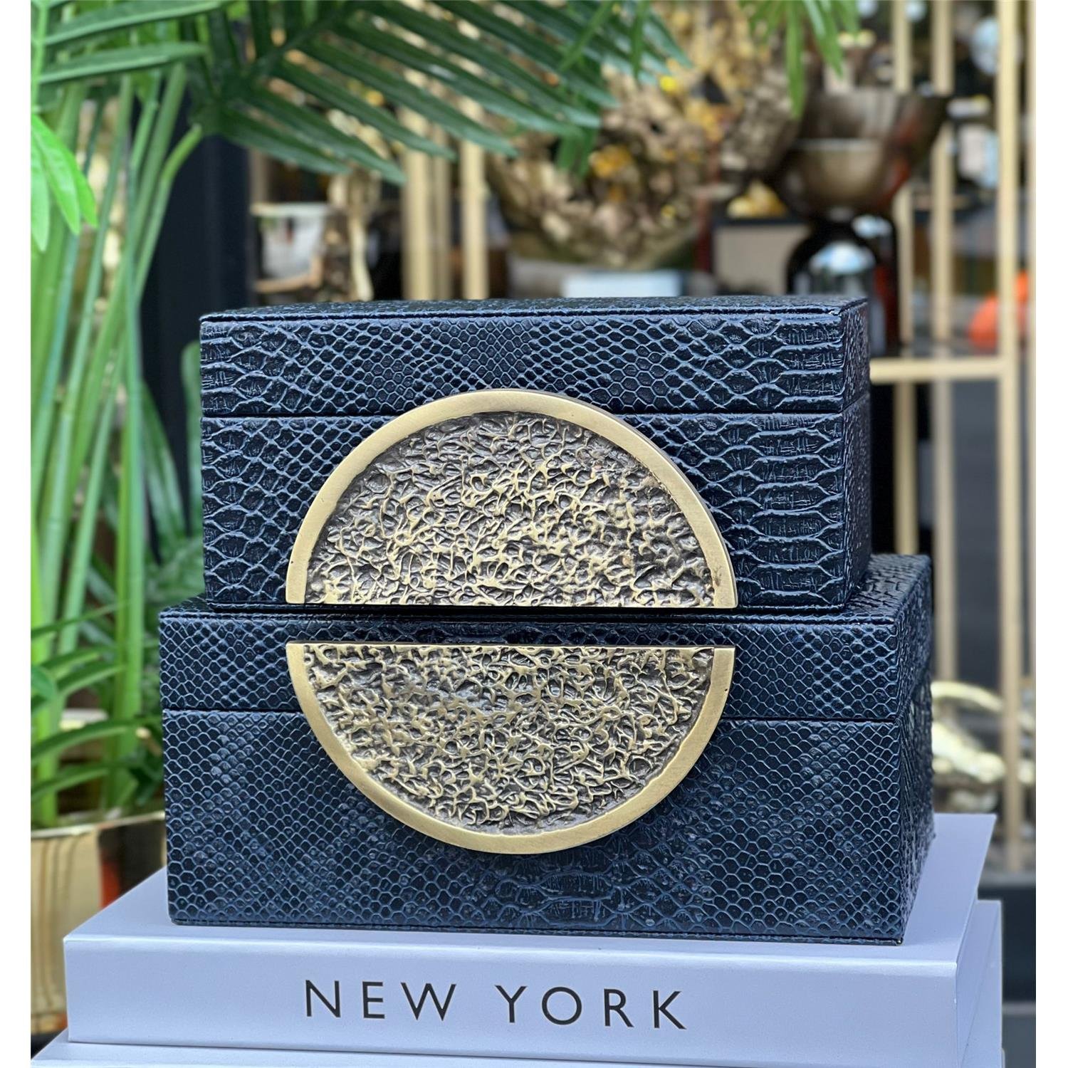 2 Lİ DİKDÖRTGEN TAŞ DERİ KUTU LACİVERT ESKİTME