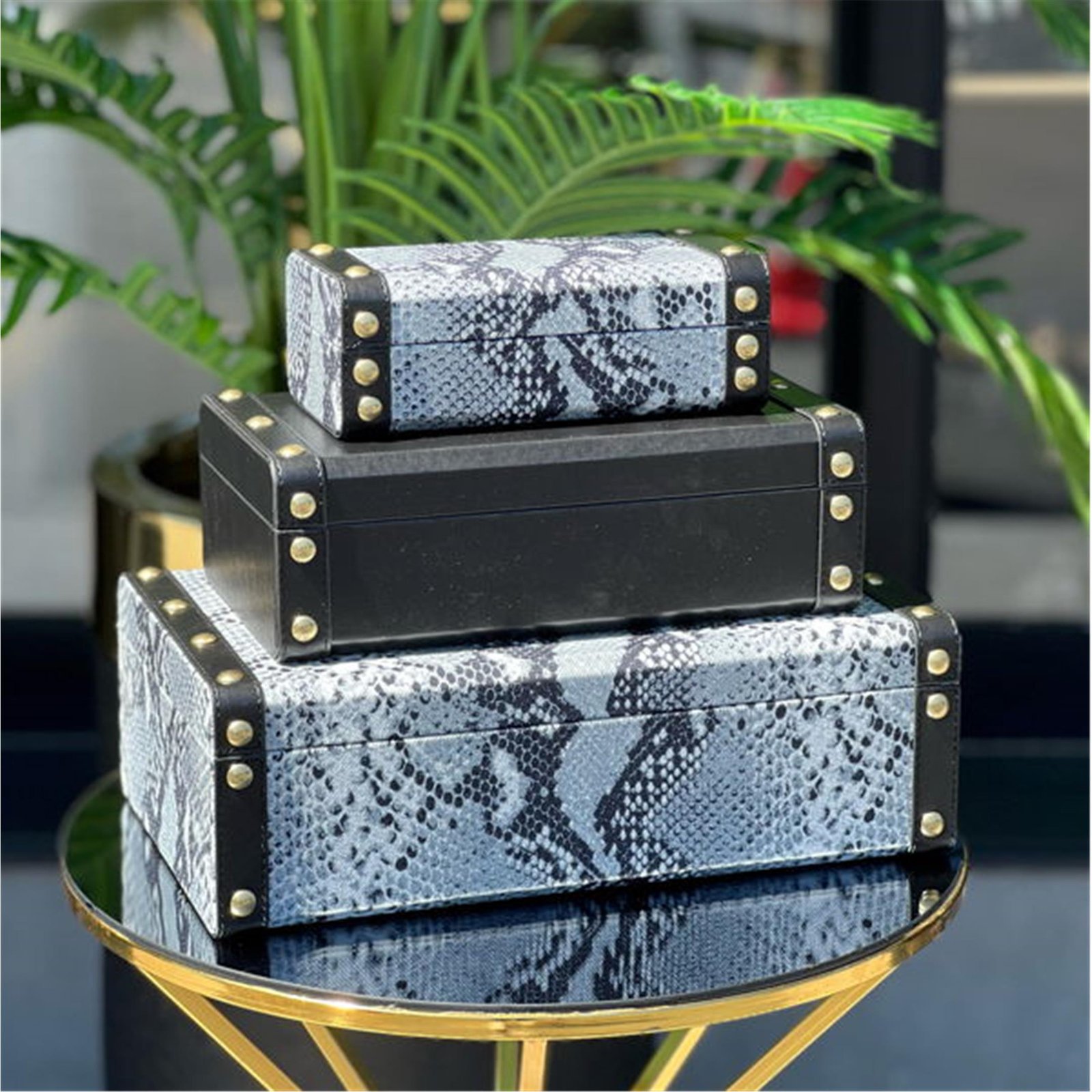 3 LÜ YILAN DESEN SİYAH-BEYAZ DERİ KUTU