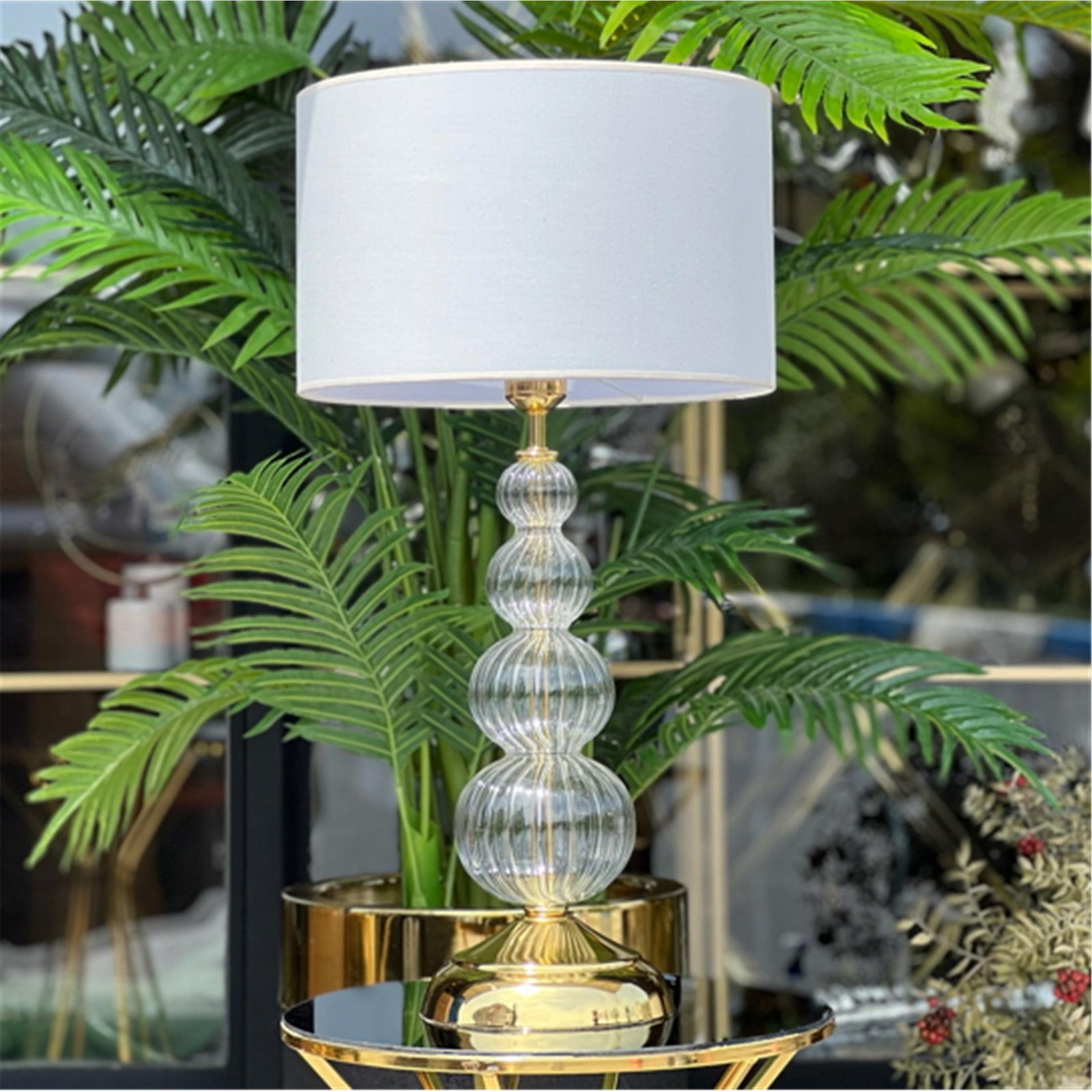 DÖRT TOPLU ÇİZGİLİ ŞEFFAF CAM ALTIN ABAJUR