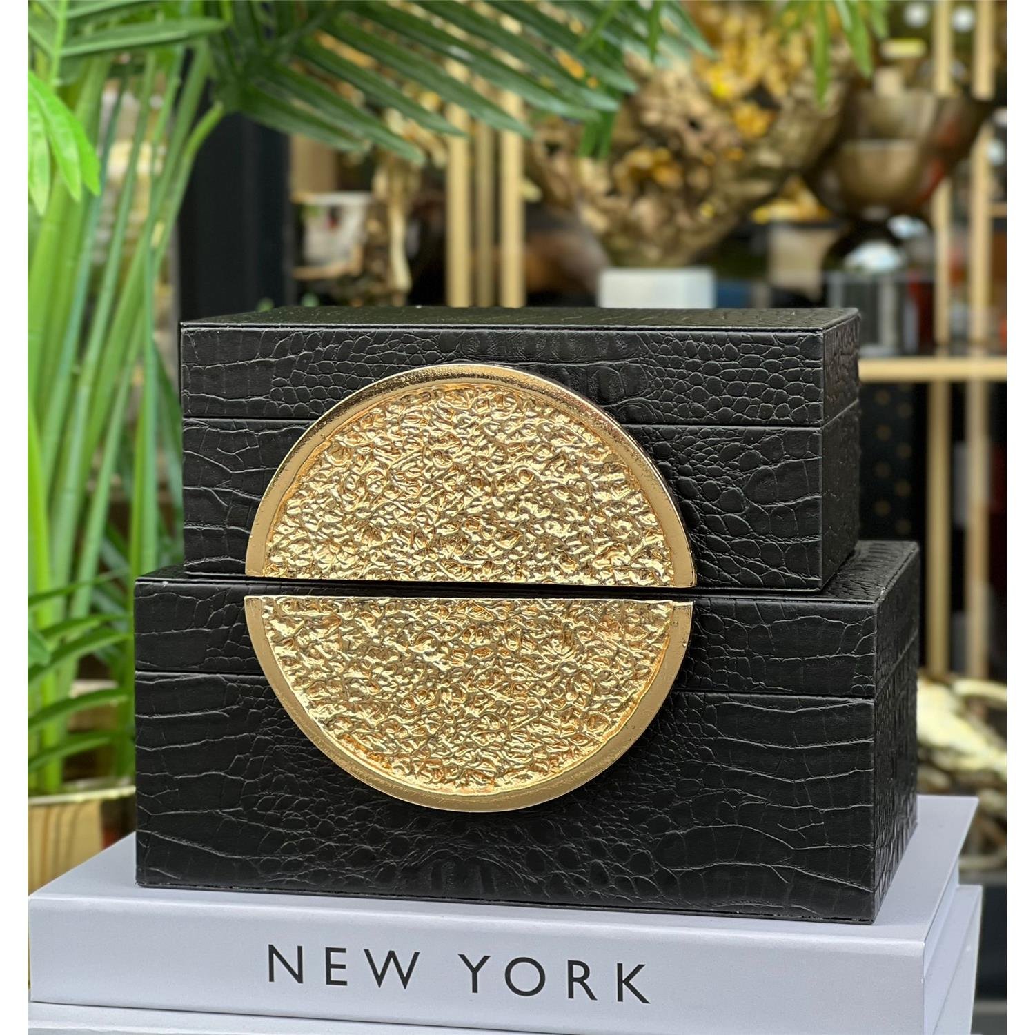 2 Lİ DİKDÖRTGEN TAŞ DERİ KUTU SİYAH ALTIN