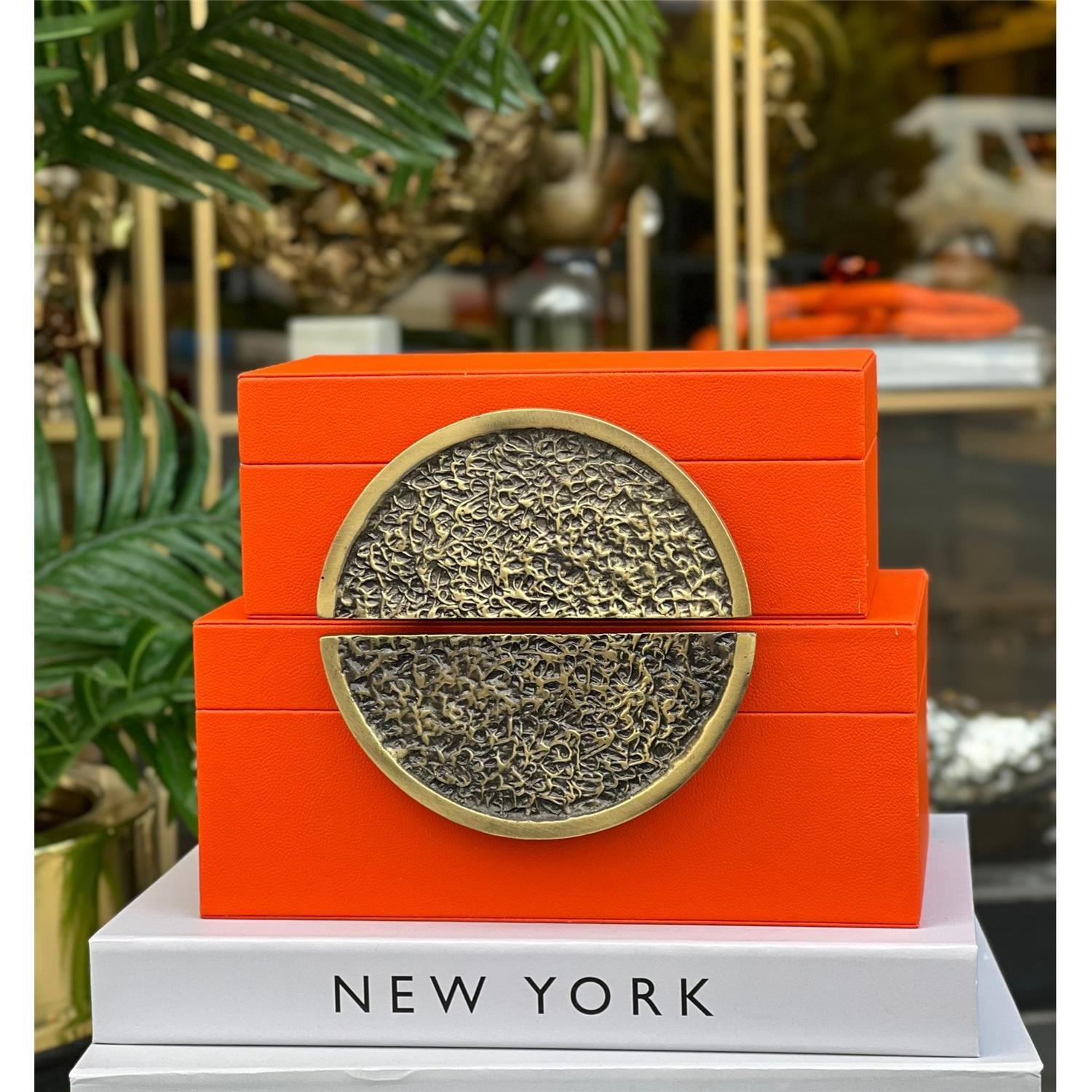 2 Lİ DİKDÖRTGEN TAŞ DERİ KUTU TURUNCU ESKİTME