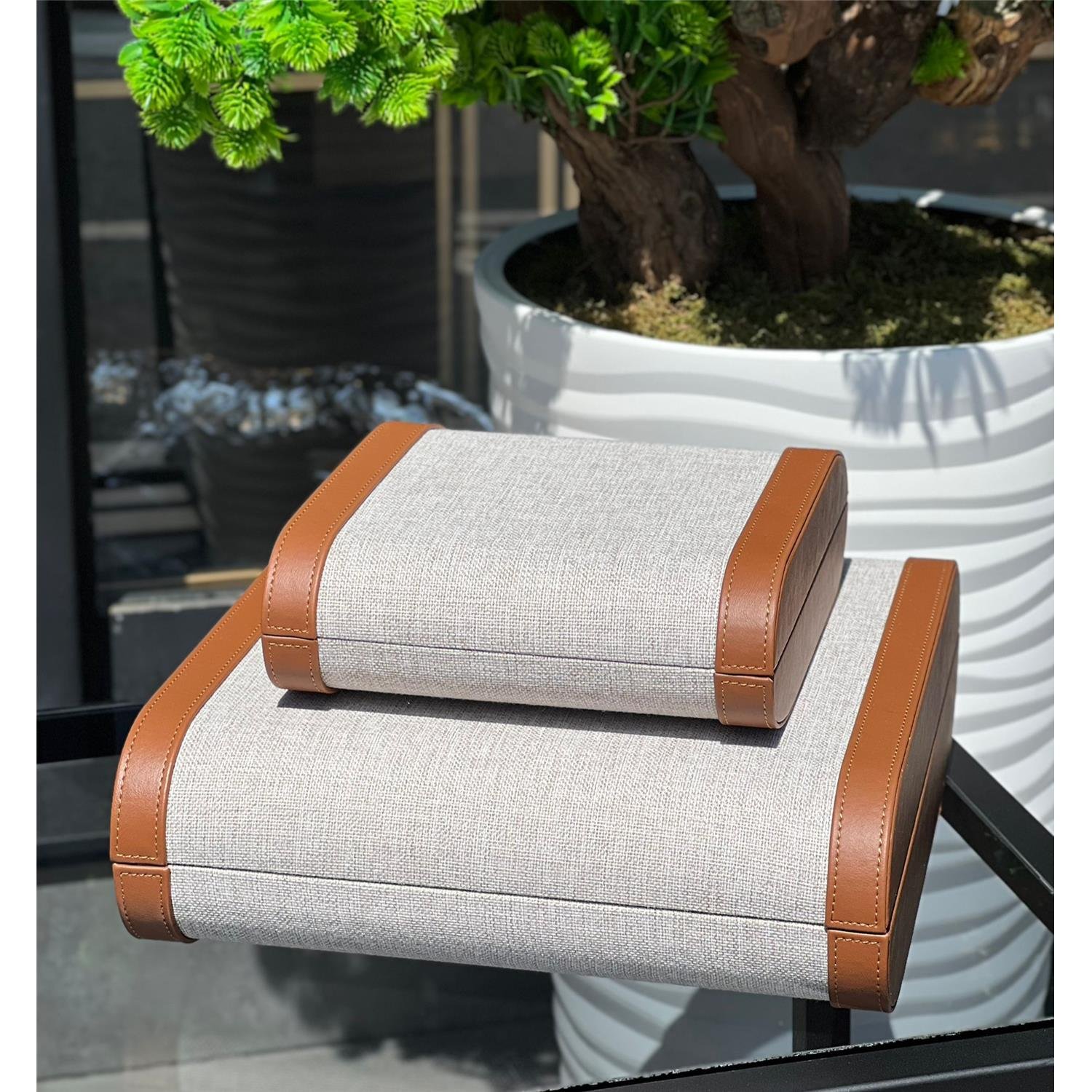 2 Lİ OVAL KETEN KUTU KAHVE