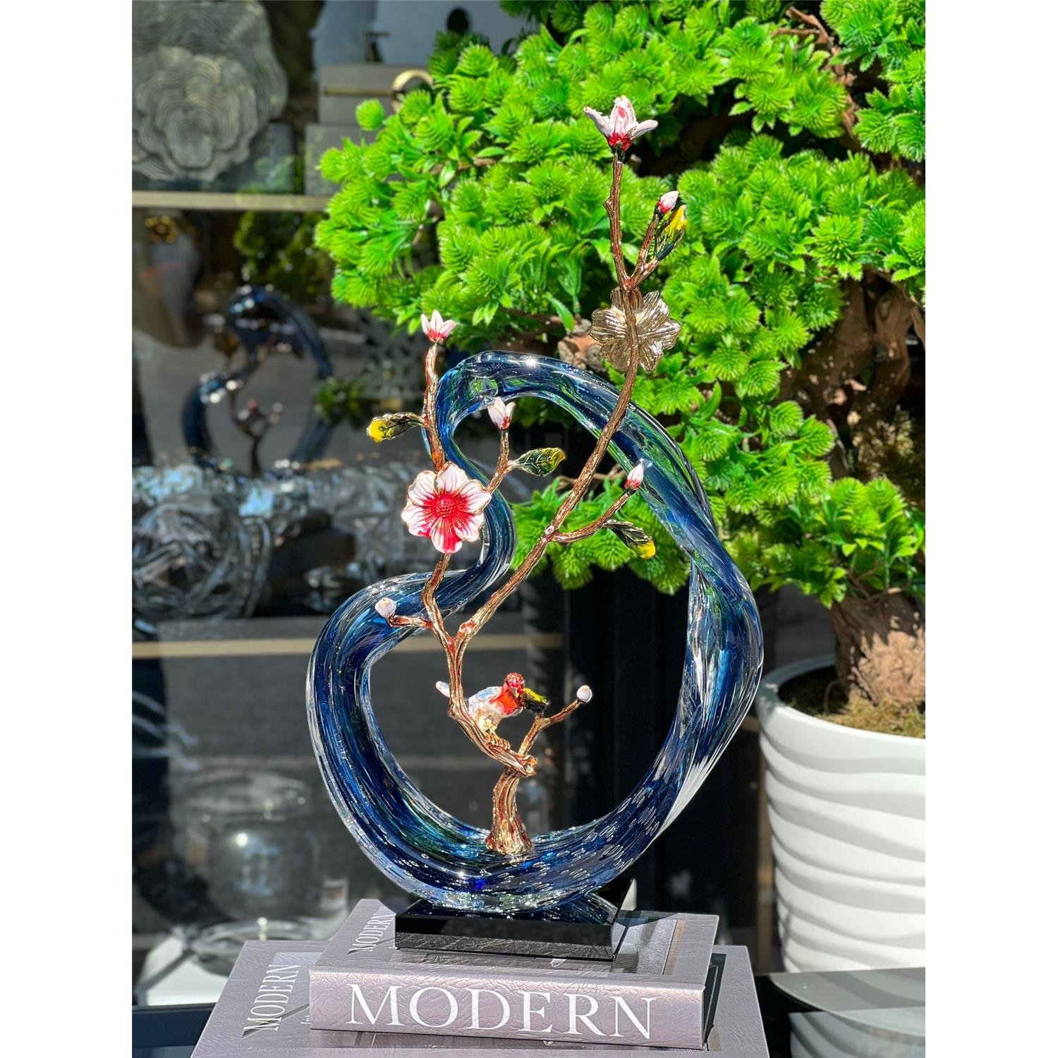 İTHAL MAVİ ÇİÇEKLİ PİRİNÇ CAM AKSESUAR