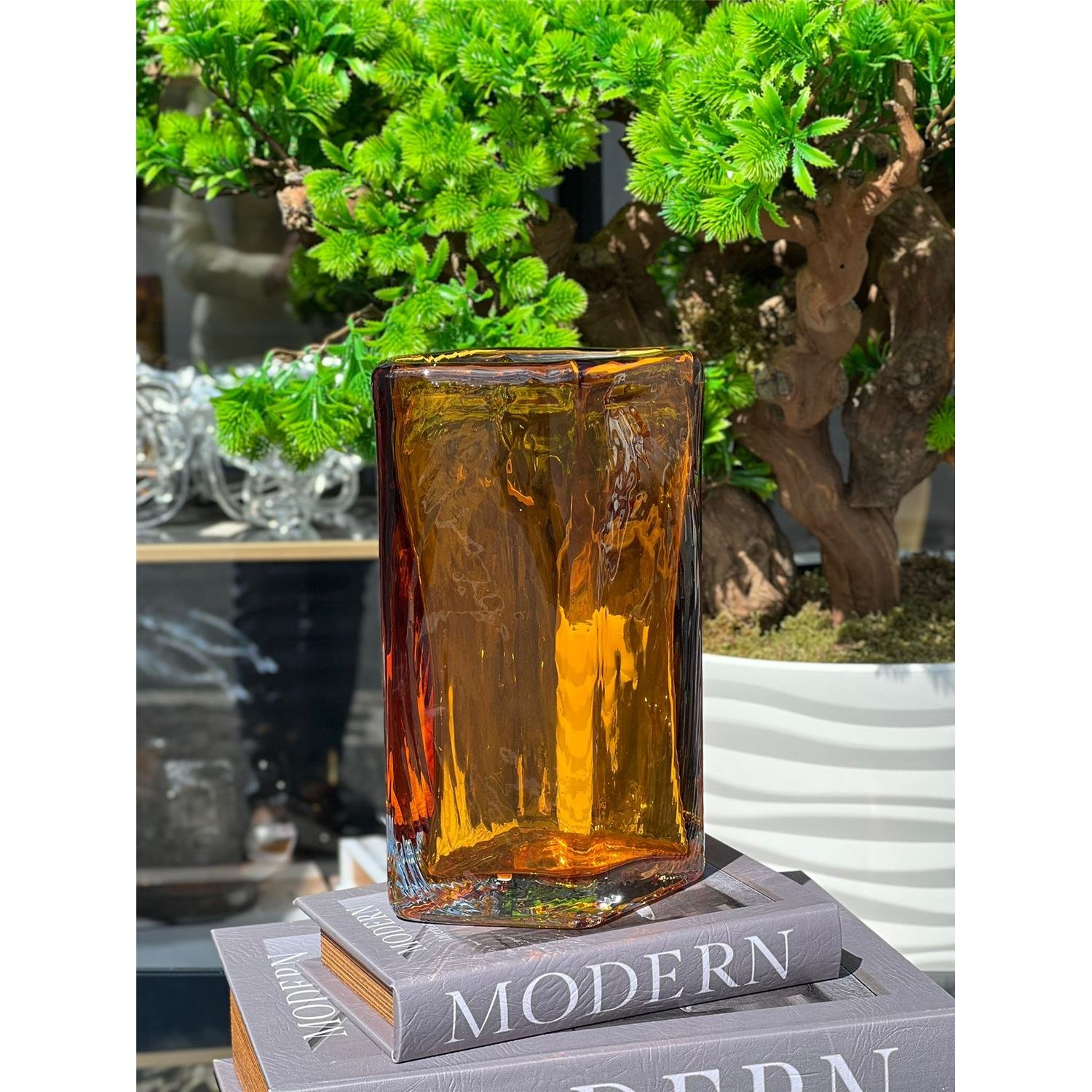 İTHAL REZ KARE AMBER CAM VAZO KÜÇÜK
