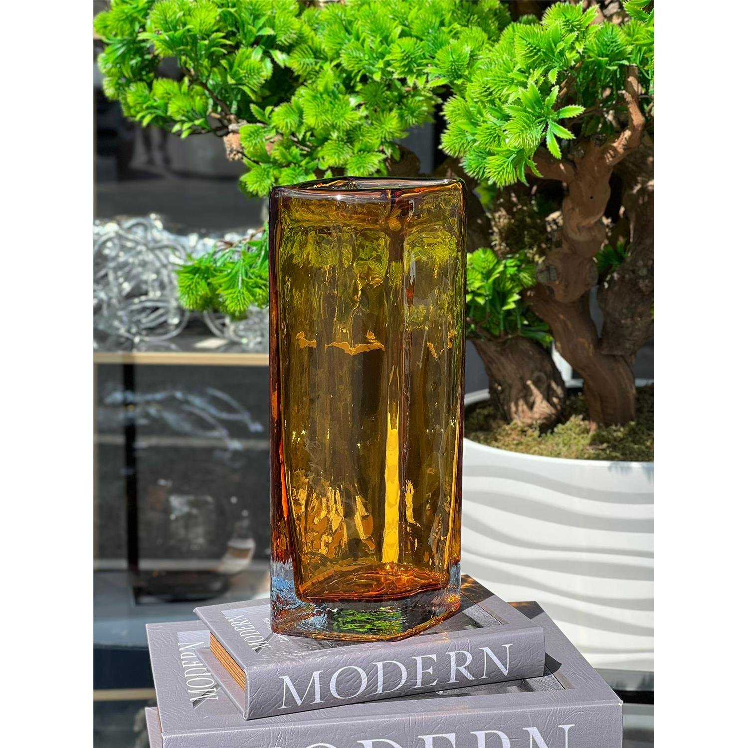 İTHAL REZ KARE AMBER CAM VAZO BÜYÜK