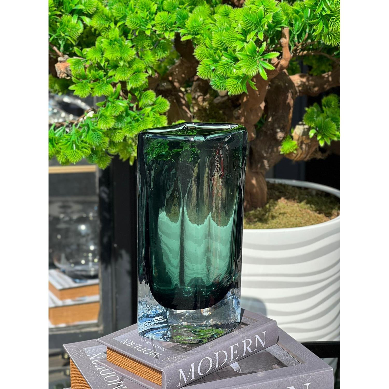 İTHAL REZ KARE YEŞİL CAM VAZO BÜYÜK