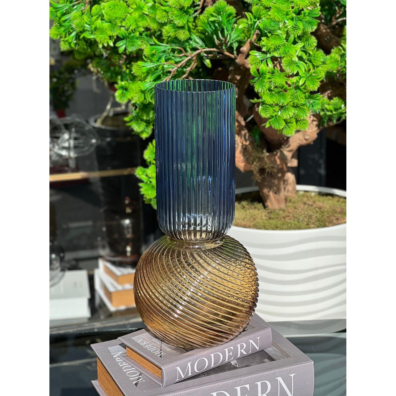 İTHAL LİNE CAM VAZO AMBER MAVİ BÜYÜK