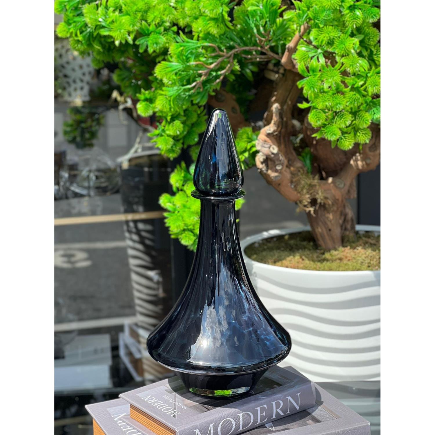 İTHAL MAVİ LEOPAR TRİORA CAM VAZO KÜÇÜK