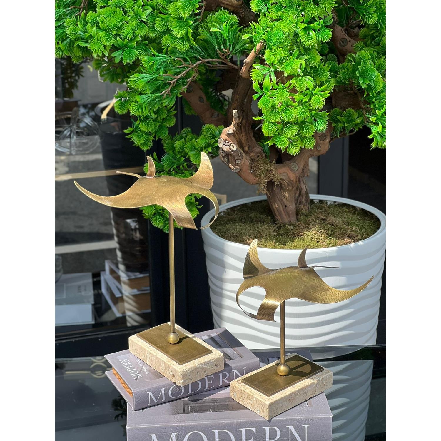 2 Lİ MANTA BALIĞI OBJE TRAVERTEN KAİDE