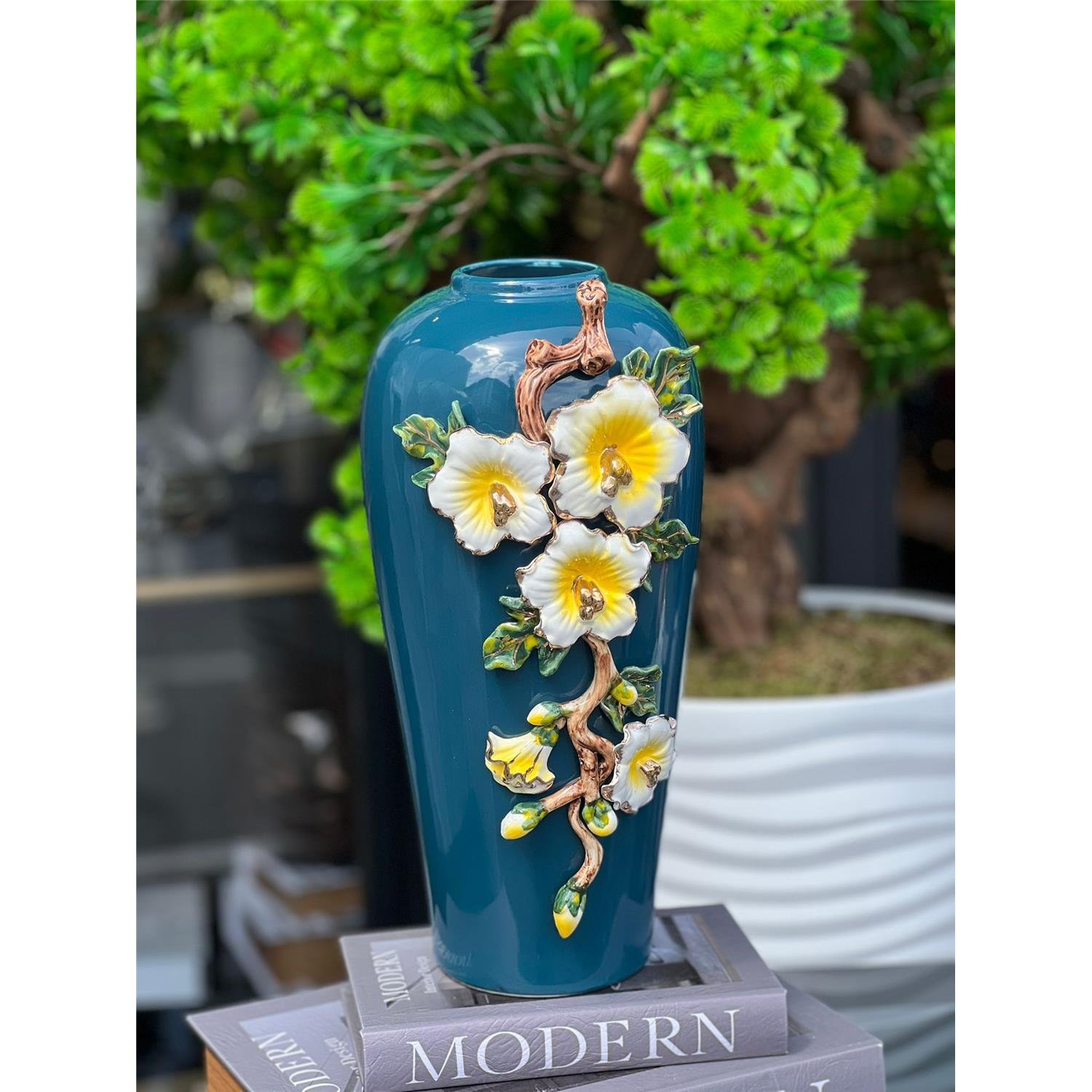 İTHAL SERAMİK BLUE FİORİNA VAZO KÜÇÜK SARI ÇİÇEK