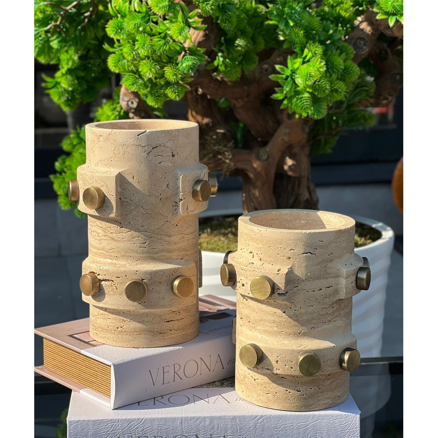 MANTAR PULLU 2 Lİ TRAVERTEN VAZO SET