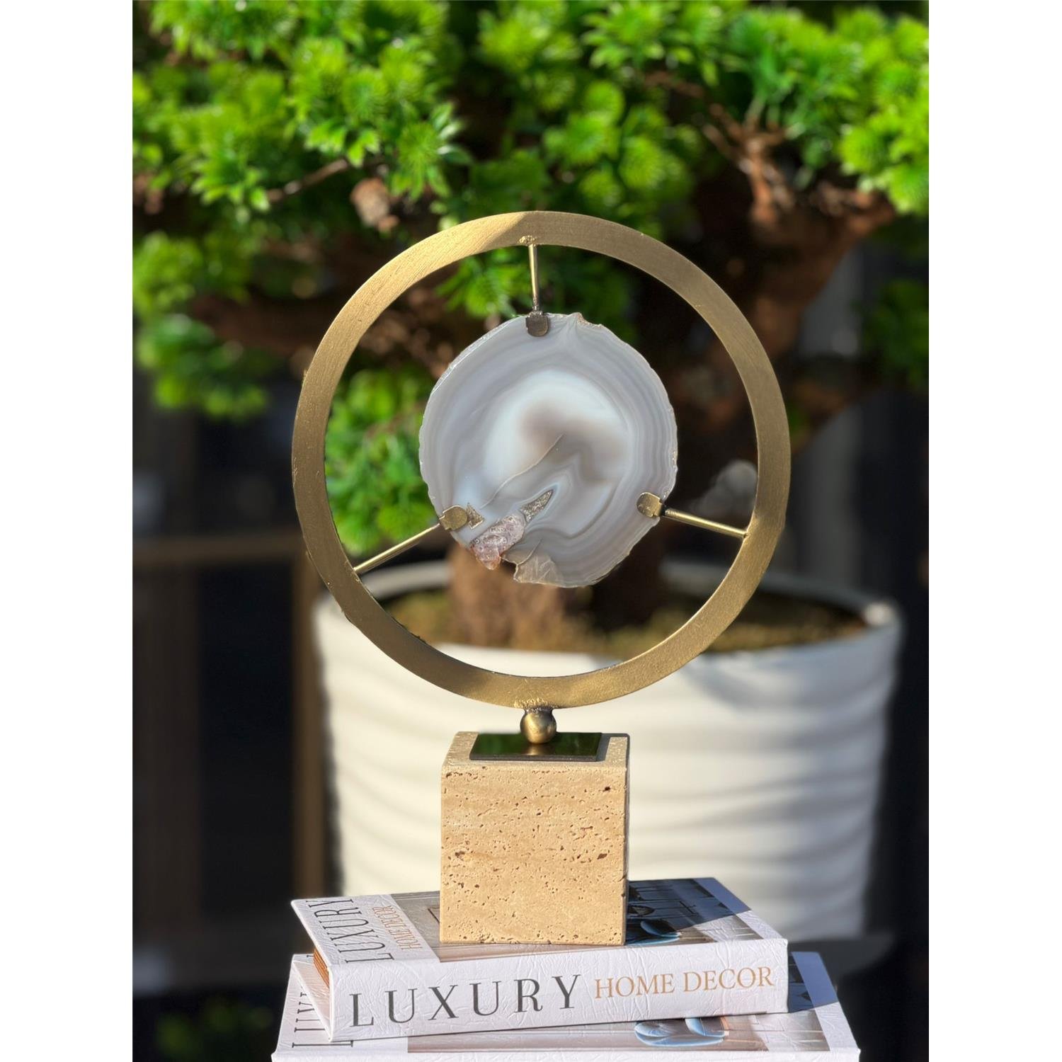 ORTASI DOĞAL TAŞLI METAL OBJE KREM