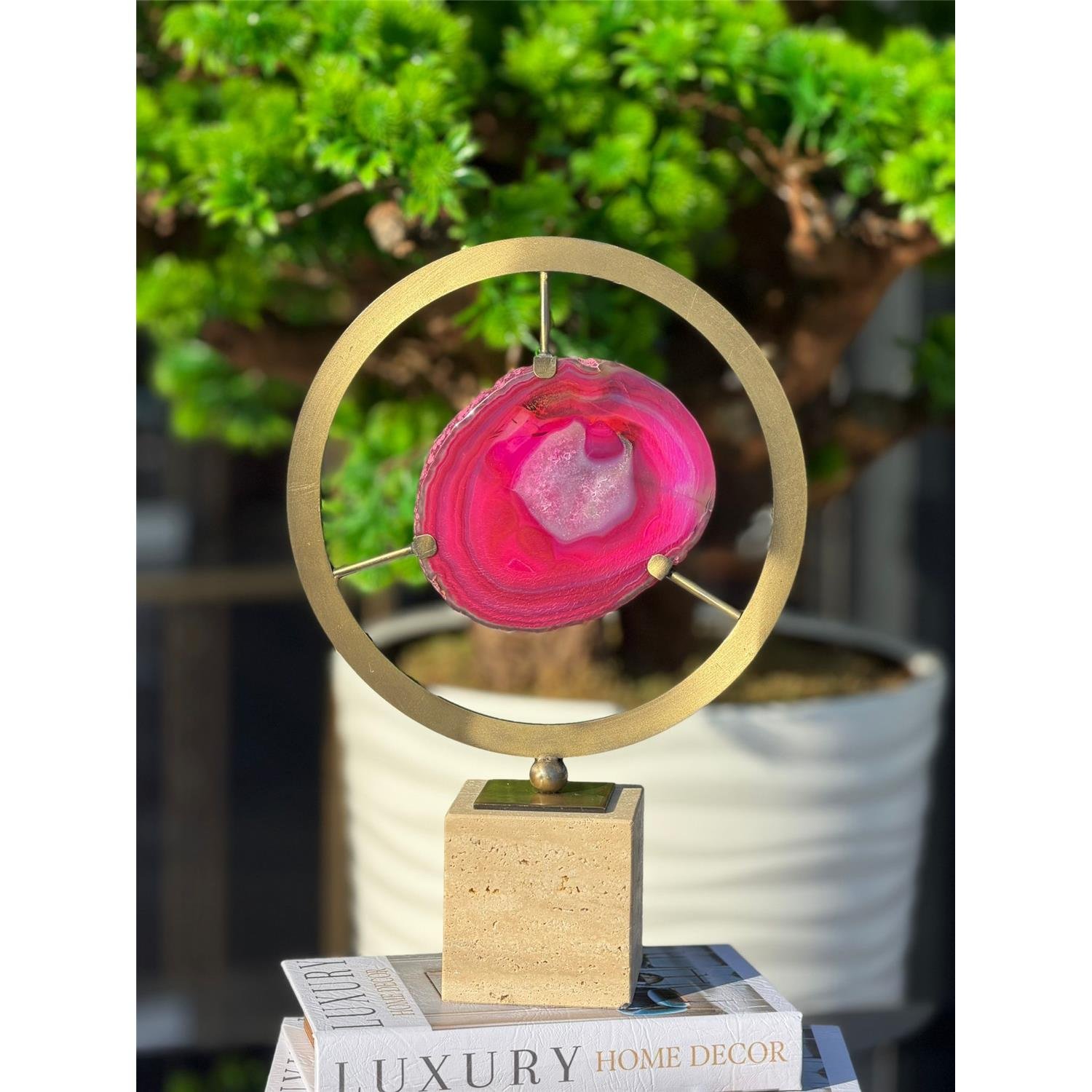 ORTASI DOĞAL TAŞLI METAL OBJE PEMBE