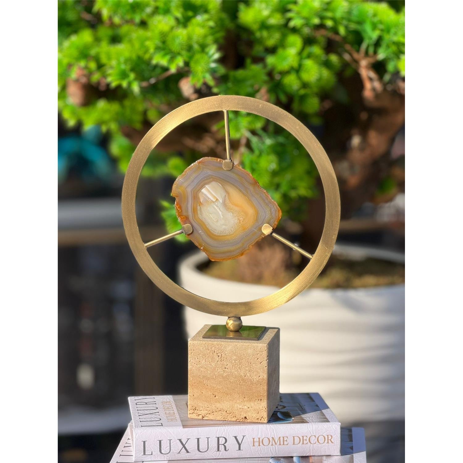 ORTASI DOĞAL TAŞLI METAL OBJE KAHVE