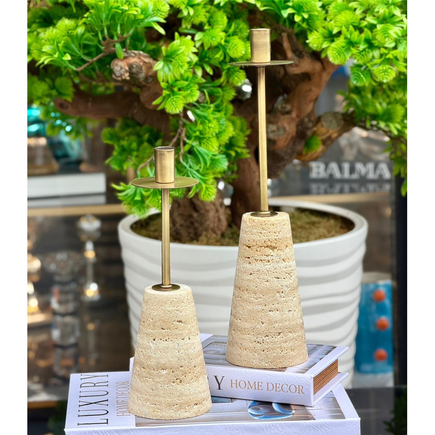 2 Lİ SET KONİK TRAVERTEN ŞAMDAN ESKİTME