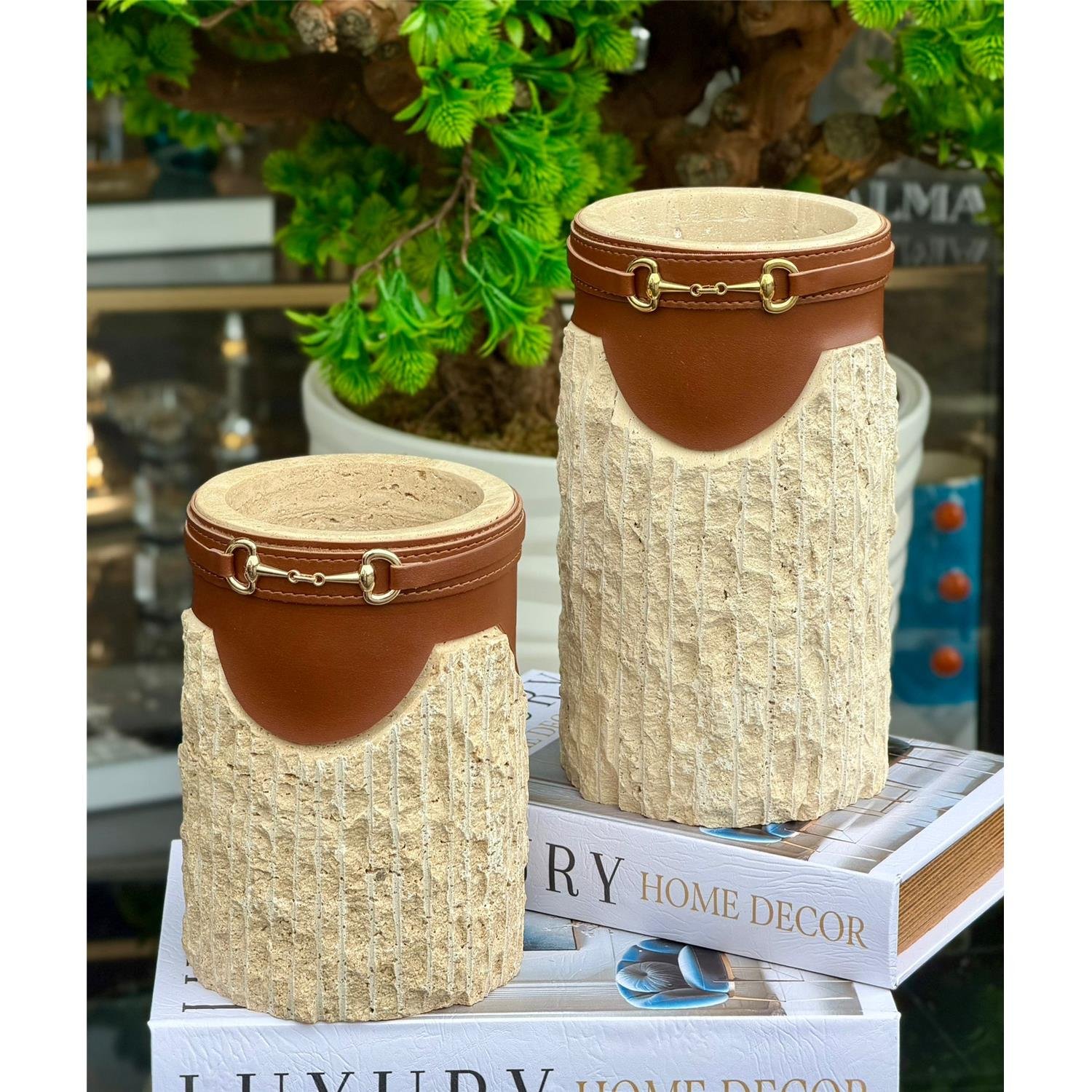 2 Lİ TRAVERTEN TABA DERİLİ VAZO SET